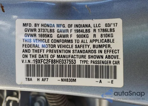 2017 Honda Civic Ex из США, поврежденный, VIN 19XFC2F88HE037553